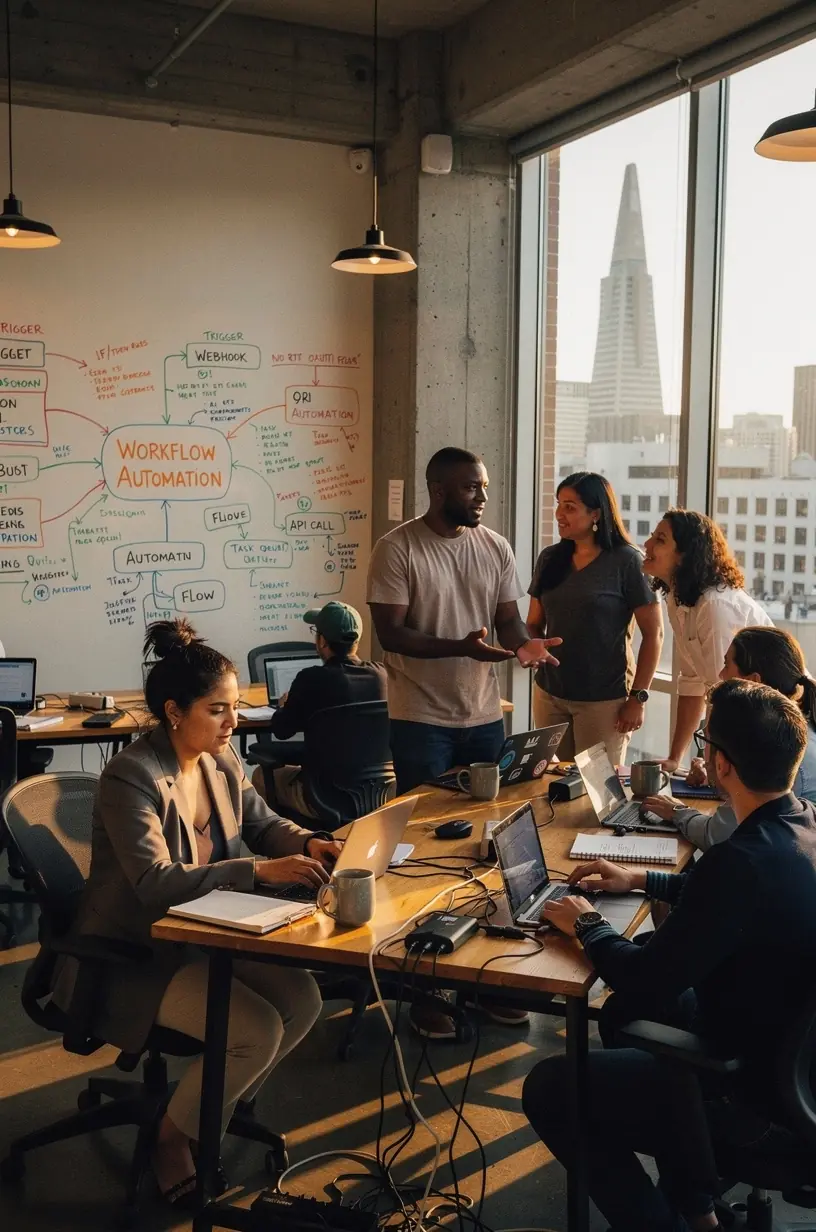 Professional woman analyzing data on a tablet with automation dashboards visible on screen